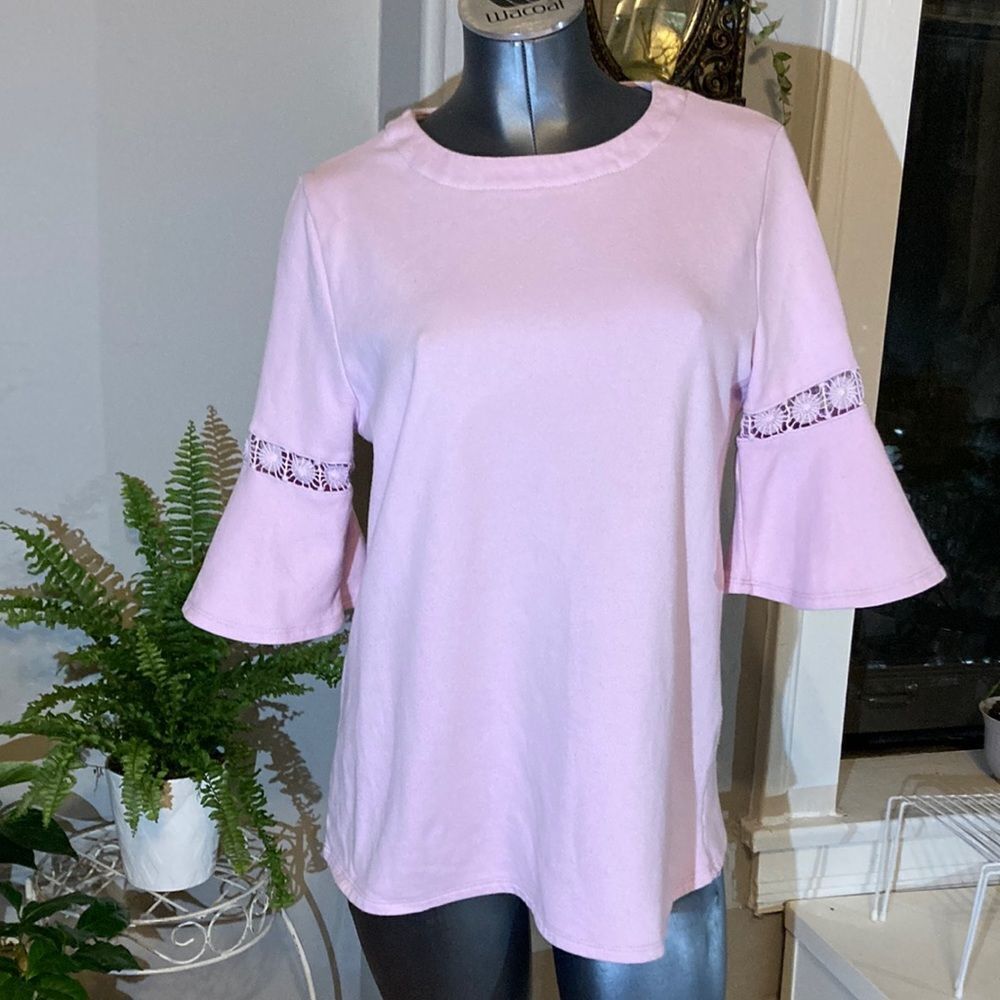 EVERLEIGH lilac elbow bell cuff sleeves crew neck crochet detail size large